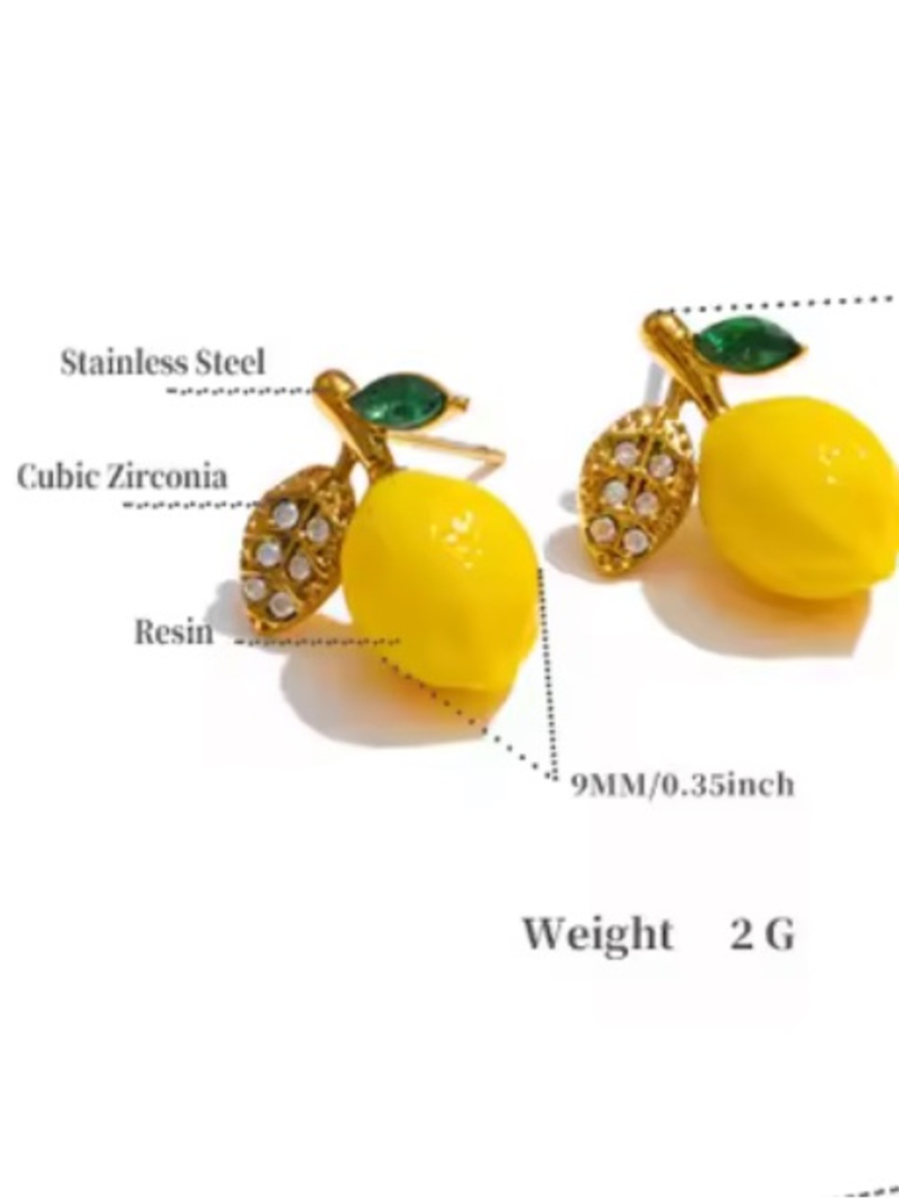 Gold Lemon Drop Earrings with Yellow Enamel and Green Crystal Leaf - Picture 7 of 8